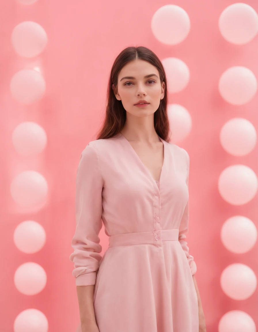 young woman standing against group of divided spheres, pale pink background, high quality photography, full shot