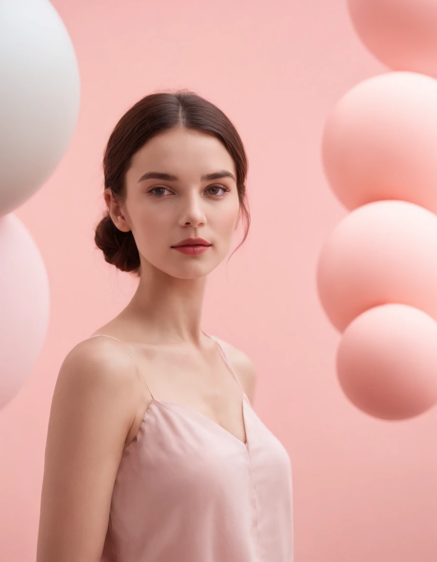 young woman standing against group of divided spheres, pale pink background, high quality photography, full shot