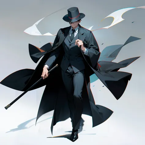 Detective Man,Full-body image、without background、Plain background、Covert behavior、Know、Holding a cane、cloaks、with a book