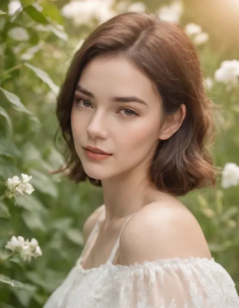 calm woman, short wavy hair, white dress, enjoying nature, surrounded by plants in the field, bokeh style, medium close-up on the head, natural light, front sun, high quality photo 、