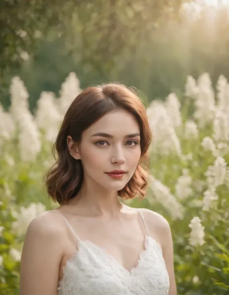 calm woman, short wavy hair, white dress, enjoying nature, surrounded by plants in the field, bokeh style, medium close-up on the head, natural light, front sun, high quality photo 、