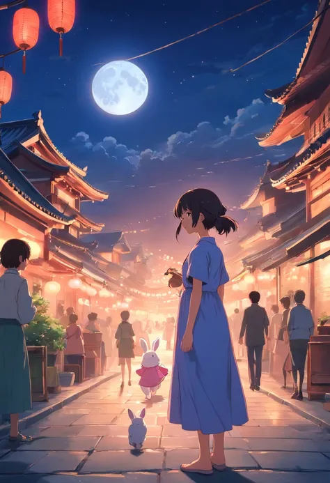 the night，full moon，Little girl in a long dress holding a little rabbit hairpin in one hand，Outside a group of Chinese buildings, holding one dressed in pink，A little bunny wearing a scalloped bow hairpin， dreamy glow，unreal render,reasonable design, high ...