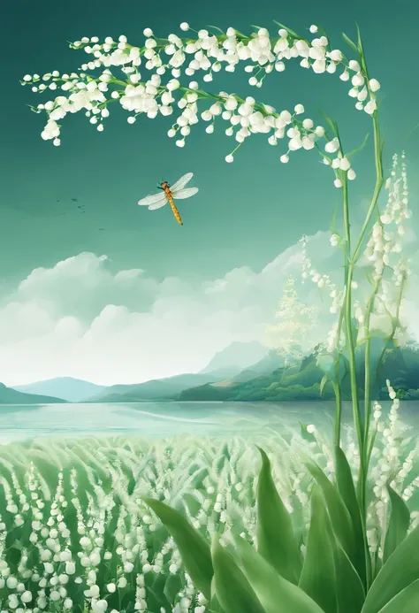 Lixia，Traditional Chinese solar terms，(((Lily of the valley)))，National style，Ink wind，solid color backdrop，(((dragonfly)))，waterface，Landscape view，Ink wind，(((solid color backdrop)))