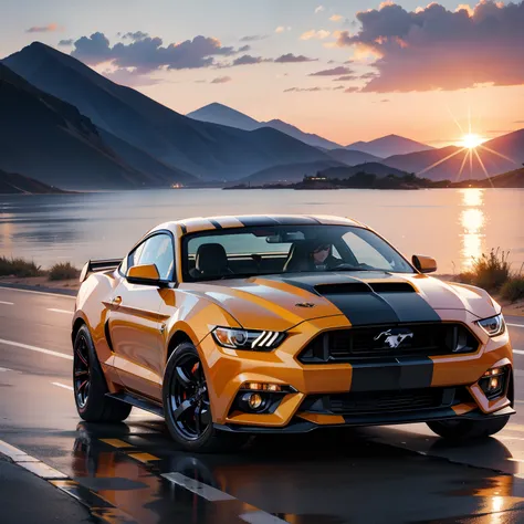 Mustang muscle car, sunset, dessert, beautiful scenery, 8k, masterpiece