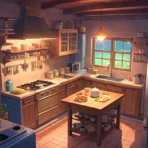 Isometric rendering of game art in the kitchen of a horror village house at dusk,rice cooker，refrigerator，microwave oven，cranny，Cabinet clearance,the detail， 4K， k hd， high high quality