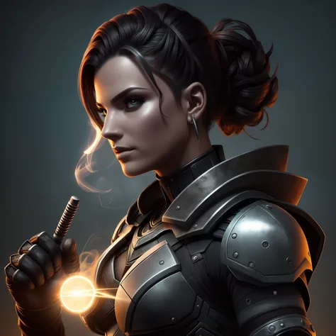 Beautiful cyborg warrior woman in rusty magic style, aumento cyberpunk, Cyber Software, ciborgue, fibras de carbono, cromar, Implantes, metal skull, Cyber Plate Armadura, (atmosfera escura:1.2), (nevoeiro & smoke billowing), (Its dark night:1.3), As cicatr...