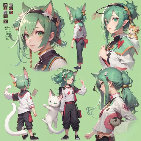 A girl with miwa from jujutsu Kaisen character design, with green hair , green eyes, elf ears, cat ears, with Nezuko from demon slayer horn. Character sheet all 4 angle, full body view, different perspective (full hd)