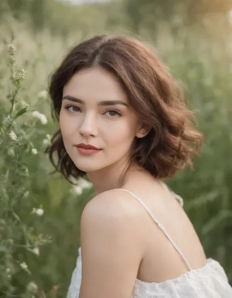 calm woman, Short wavy hair, White dress, enjoying nature, Surrounded by plants in the steppe, bokeh style, medium close-up on the head, Natural light, front sun, high-quality photo 、