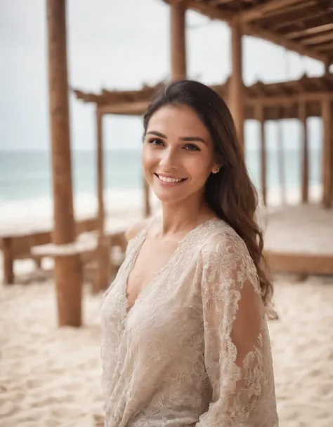 a woman smiling while standing under a gazebo on the beach, in the style of conceptual portraiture,Maldives， multicultural, sigma 85mm f/1.4 dg hsm art, spanish school, stark honesty, wood, suspended/hanging