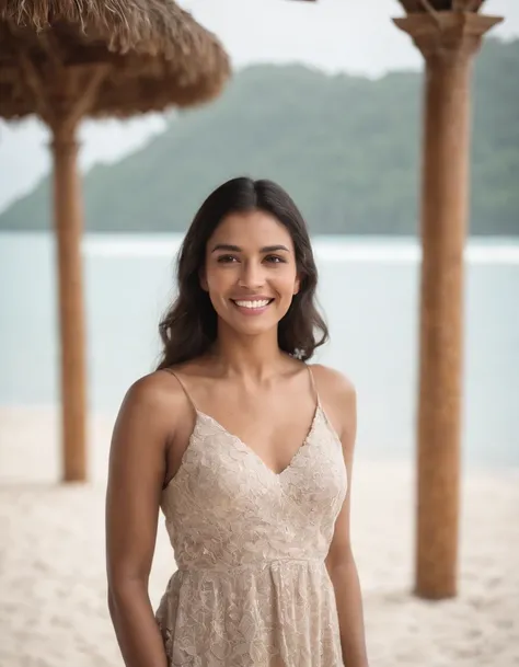 a woman smiling while standing under a gazebo on the beach, in the style of conceptual portraiture,Maldives， multicultural, sigma 85mm f/1.4 dg hsm art, spanish school, stark honesty, wood, suspended/hanging