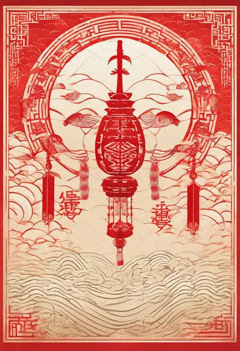 Summer solstice，Traditional Chinese solar terms，(((Ichijo red)))，National style，Ink wind，solid color backdrop，(((cicada)))，Landscape view，Ink wind，solid color backdrop