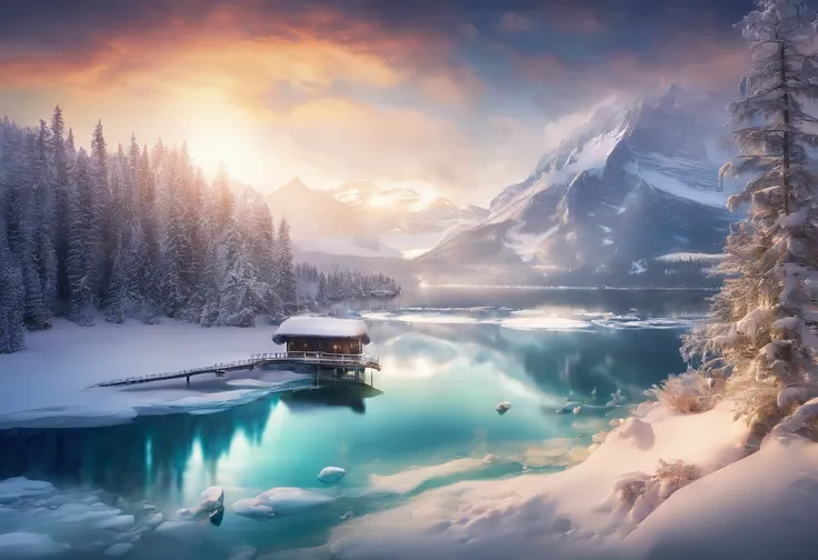 a small house, a lake with a boat in it surrounded by snow, a tilt shift photo by Raymond Normand, shutterstock, fine art, icy lake setting, frozen lake, winter lake setting, banff national park, ryan dyar, ice snowy lake setting, icy, beautiful lake, cana...