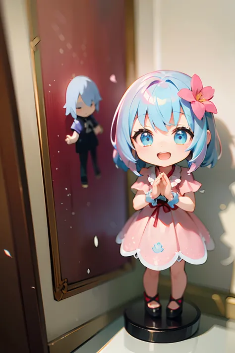 photoRealstic、Doll standing in front of the painting（nendroid）、Open mouth and big smile、Water droplets on the cheeks、Make a heart with both hands in a cute pose、watercolor Nendoroid、(High Definition Figure)、Flowing iridescent silk、up of face、Eye Up、Colorco...