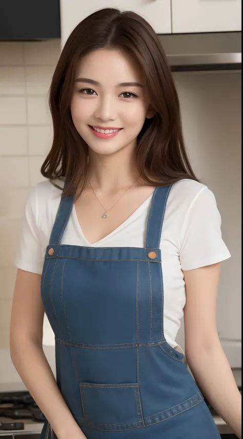 (Best quality, 8k, masterpiece: 1.3), a beautiful woman with perfect figure: 1.4, dark brown hair, wearing a pendant, wearing an apron, in the kitchen, highly detailed face and skin, detailed eyes, double eyelids, big breasts, smile