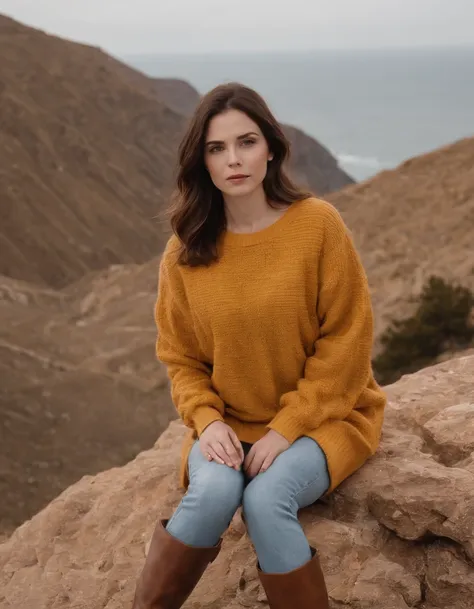 brunette wearing yellow sweater and brown boots in front of cliff, in the style of dark orange and white, monochrome geometry, zigzags, white and beige, photo taken with provia, dark beige and white, reefwave