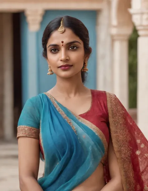 hindu woman in typical Indian dress, blue gate in the background, half-length shot, sunny day, high quality photo