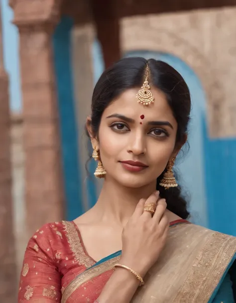 hindu woman in typical Indian dress, blue gate in the background, half-length shot, sunny day, high quality photo