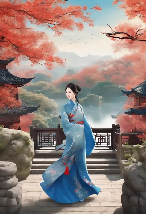 Autumn，Blue snowflakes，Courtyard in the middle of summer、The garden creates a tranquil atmosphere of blue，Traditional Chinese garden，A woman standing next to a flower in Hanfu，Landscape of people