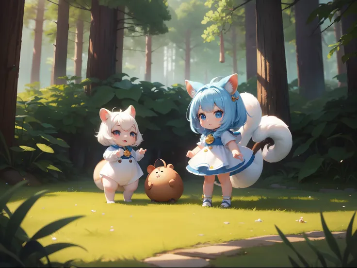 There is a small bear with an acorn in his hand,  There are also white squirrels。There are also fawns。Chibichara　A cute girl with blue hair is also with me。It is a cute costume in white and blue。Dark eyes。cute forest creature, Adorable Digital Painting, cu...