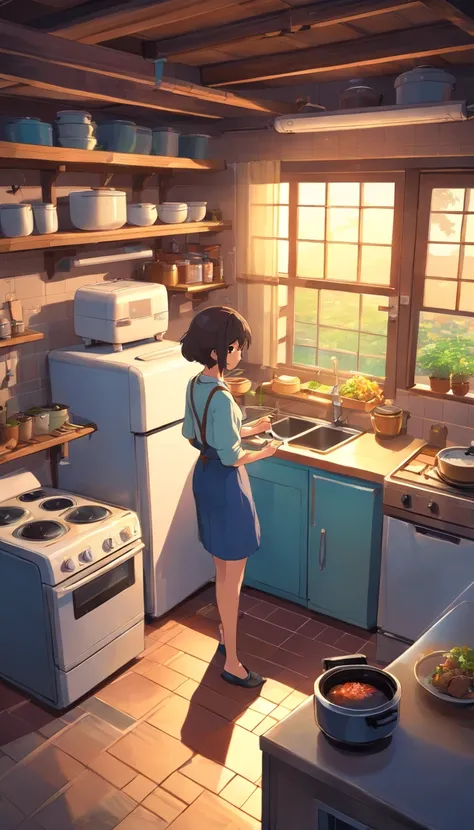 Isometric rendering of game art in the kitchen of a horror village house at dusk ,((rice cooker))，refrigerator，microwave oven，cranny，Cabinet clearance,the detail， 4K， k hd， high high quality