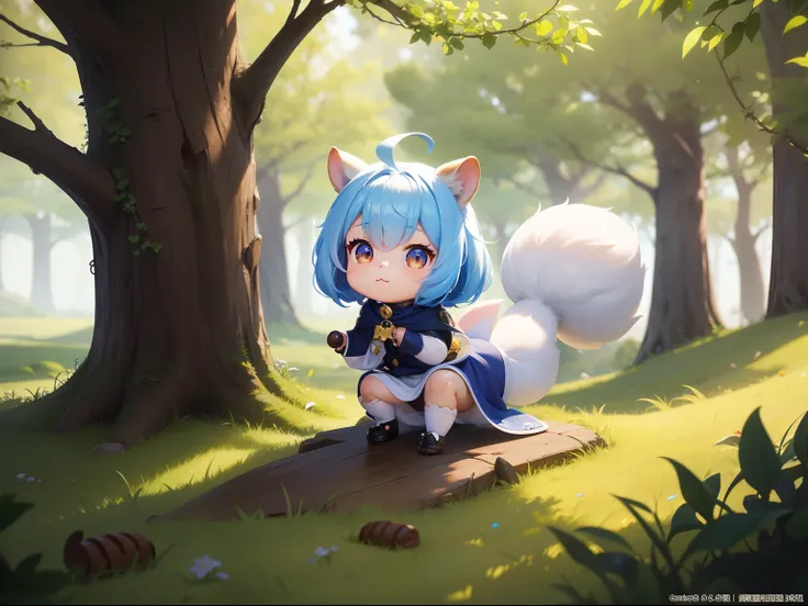 There is a small bear with an acorn in his hand,  There are also white squirrels。There are also fawns。Chibichara　A cute girl with blue hair is also with me。It is a cute costume in white and blue。Dark eyes。cute forest creature, Adorable Digital Painting, cu...