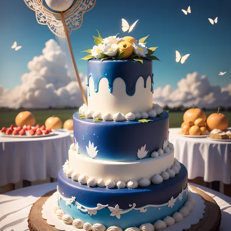 A meadow of colours，The blue sky is set against many large white flowers。In the middle is a huge white wedding cake，There are a lot of different fruits on it。Countless white butterflies circle the cake。Next to the cake is a football --auto --s2