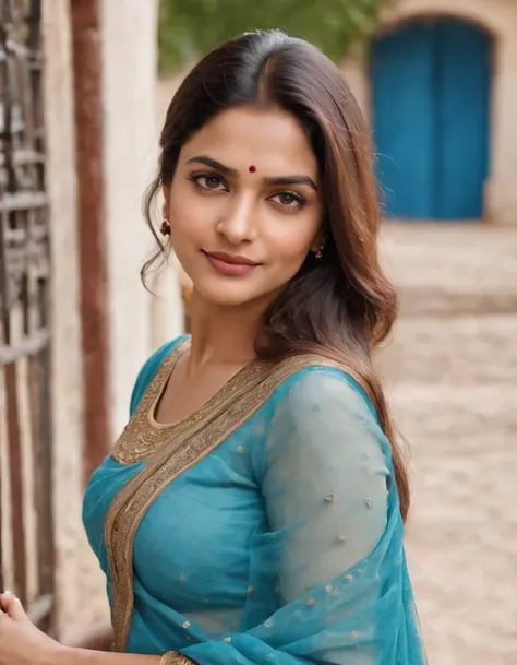 Woman in typical Indian dress, Blue gate in the background, half-length shot, Sunny day, high-quality photo