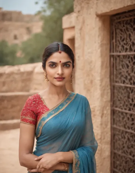 Woman in typical Indian dress, Blue gate in the background, half-length shot, Sunny day, high-quality photo