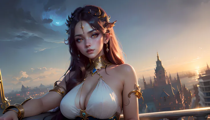 ((Need)), ((tmasterpiece)), (A detailed), Enchanting succubus, Sexy beauty, Perched in clouds, (fantasy illustrations:1.3), Seductive gaze, Charming seductive pose, tight top, wearing golden armour，otherworldly charm, Mysterious Sky, Strange fire clouds，th...