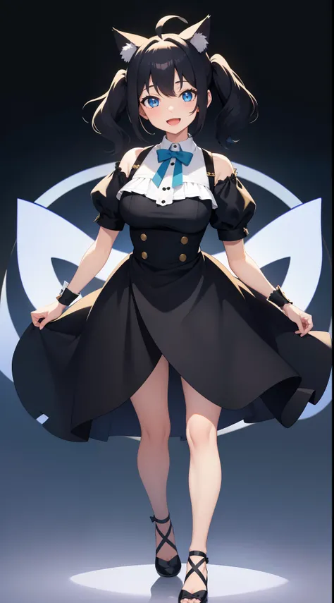 Full body, Upright, Arms at sides, Looking at Viewer, Simple background, 1girl in, Open mouth, Smile, Virtual Youtuber、girl with、、((Best Quality, high_resolution, Distinct_image)),(Black hair), (Black cat ears), (Ahoge), (absurdly short hair), (Wavy Hair),...