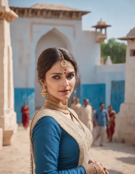 Woman in typical Indian dress, White woman，European people，Blue gate in the background, half-length shot, Sunny day, high-quality photo