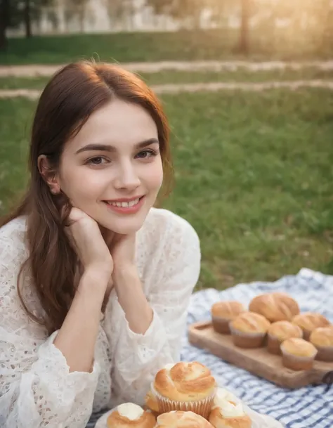 Girl smiling on picnic blanket，There were apples and bread，Cupcakes，picnic table, Surrealist fashion photography style, White and gold, Animated GIFs, , photo taken with ektachrome, sportrait, self - portrait, Kawaii fashion