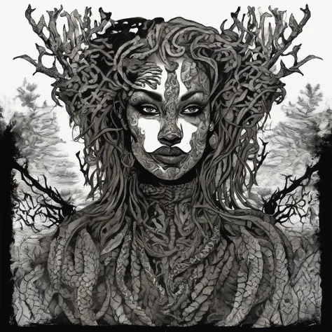 Medusa, hand drawn sketch, pen and ink line illustration, candid, double exposure, silhouette, optical illusion,((art style "Sean Gordon Murphy" comic drawing, splash panel)), nyctophobia, full body portrait, snake skin dress, (body, Naga, snakefolk, lower...