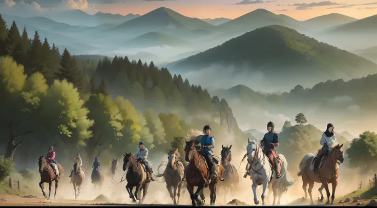 Horses walk through the dust of the mountains on a sunny day，See the Horse Valley，by Basuki Abdullah，National Geographic, Indonesia，Cavalry charge，Morning atmosphere，sunraise，Early morning light，In the early morning，morningglow，Darek Zabroki，in the early m...