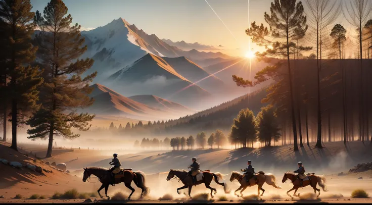 Horses walk through the dust of the mountains on a sunny day，See the Horse Valley，by Basuki Abdullah，National Geographic, Indonesia，Cavalry charge，Morning atmosphere，sunraise，Early morning light，In the early morning，morningglow，Darek Zabroki，in the early m...