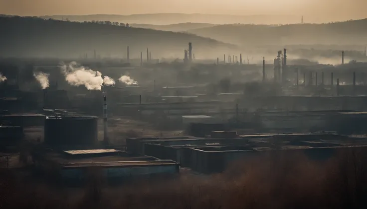 Urban industrial zone with pollution, humo, suciedad, dry trees