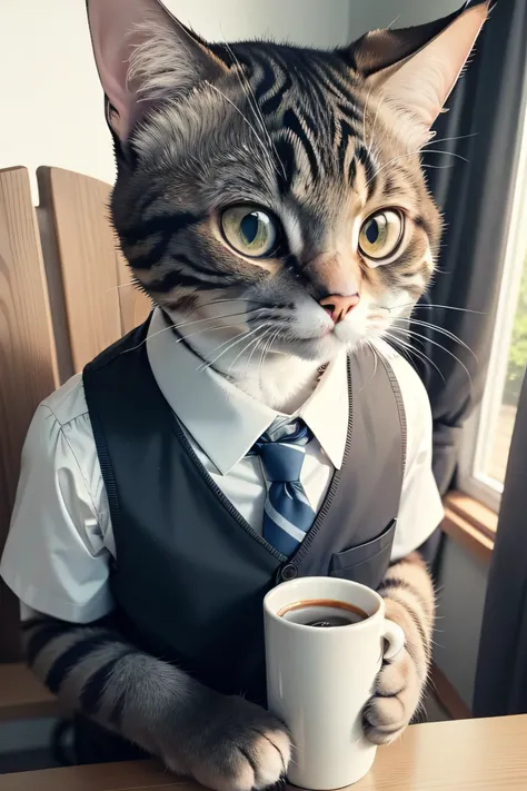 The cat is dressed appropriately，It looks like a white-collar worker at work。It holds a cup of coffee in his hand，It seems to be thinking about things at work。This photo is not only cute，Its also interesting，It makes people feel that cats are just like peo...