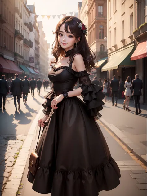 ((Best quality, 8k, Masterpiece :1.3)), 1girl, smiling, full body, slim face, Pretty woman, (Dark brown hair), full length dress :1.1, Ultra-detailed face, Detailed eyes, Double eyelid, blur background, slim face, city, outside, street,