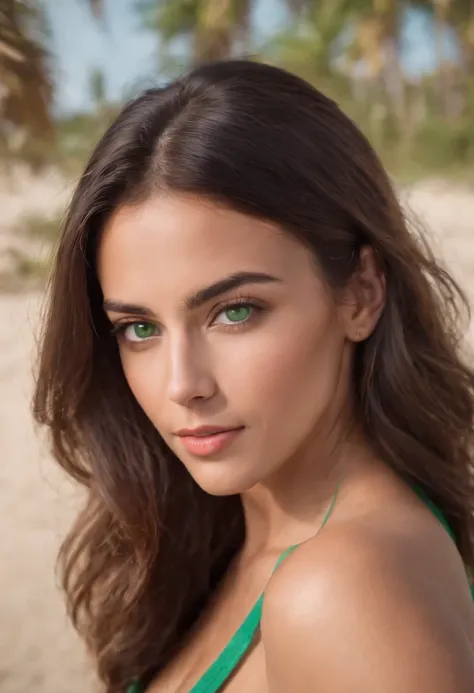 Portrait of a sexy latina girl, brunette with green eyes. Enviroment beach