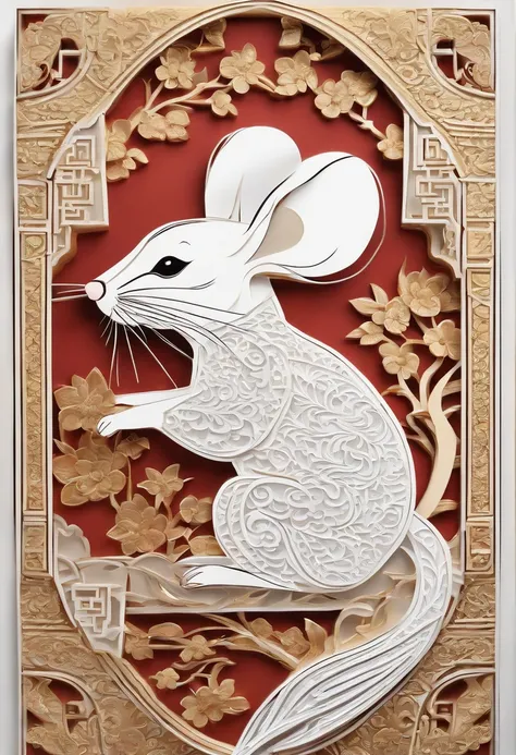 (White background:1.4),(A mouse, Oriental elements)，(Chinese illustration:1.3，paper art:1.3, Quilted paper art:1.2),( reasonable design, Clear lines, High sharpness,Best quality, Very detailed, Masterpiece, movie light effect, 4K )