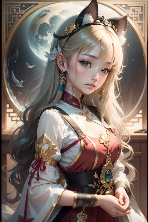 Beautiful girl traditional Asian、Beautiful girl、Traditional woman、Surreal water style、Anime aesthetics、Little Flying Moon、Dark gold and light aquamarine、frederick sandys、Dark white and light dark red、Fantastic introspection