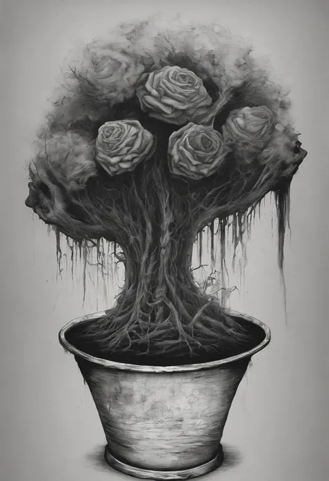 scary picture，Old mans head in a flower pot，No eyeballs，open open mouth，bleed，nigth