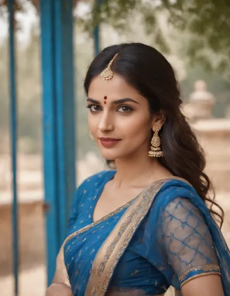 Woman in typical Indian dress, Blue gate in the background, half-length shot, Sunny day, high-quality photo