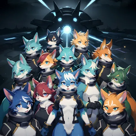 highres, top quality, best quality, paid reward available, High-quality illustrations, unparalleled masterpiece(battle movie of space ship interior)STAR Ocean, Cosmic suit, 6+boys, 6+girls(furry anthro:1.7)absurdres(highly detailed beautiful face and eyes)...