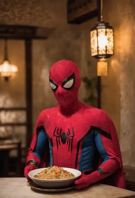 Cinematographer, ultra realista, Ropa detallada, Bellamente detallado, UHD, HDR, Altas Resoluciones, ultra detallado, Detalles intrincados, Efectos texturales, absurdos, obra maestra, 8k:1.2. En esta imagen, vemos a Spider-Man en un inusual descanso de sus...