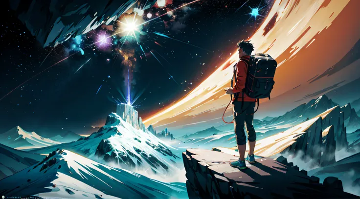 /imagine prompt:A 30-year-old man dressed in twentieth-century garb, traversing mountain trails with a backpack::2 An album cover with A cosmic journey through a sea of plasma and sound resonating with the viewer on a deeper level incorporating a guitar co...