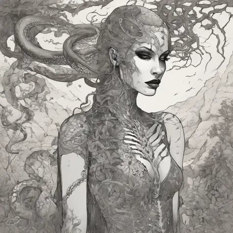 Medusa, hand drawn sketch, pen and ink line illustration, candid, double exposure, silhouette, optical illusion,((art style "Sean Gordon Murphy" comic drawing, splash panel)), nyctophobia, full body portrait, snake skin dress, (body, Naga, snakefolk, lower...