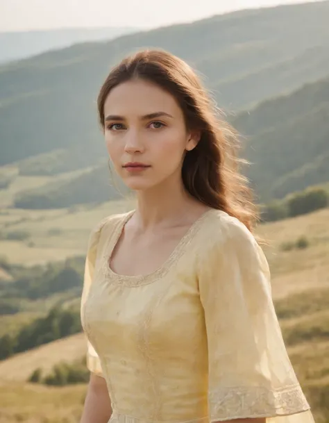 young girl standing on top of the valley looking to the left, in the style of candid portraiture, light yellow, stockphoto, associated press photo, folkloric portraits, close up, happenings