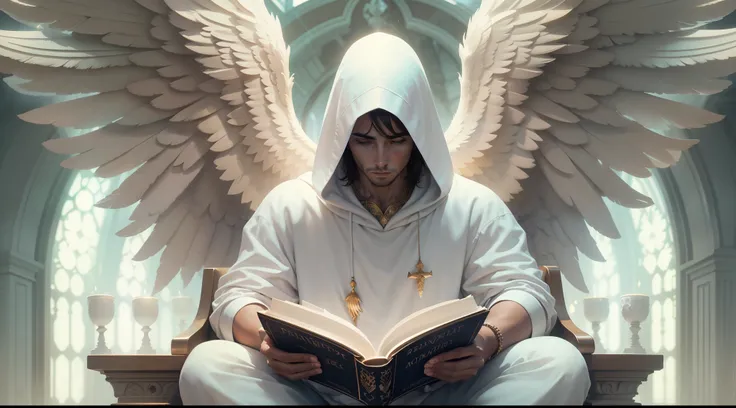 Create an angel sitting with his wings, in a white hood without showing his face celestial style with a holy bible in his hands, cinematic, 8k, epic royal background, big royal uncropped crown, royal jewelry, robotic, nature, full shot, symmetrical, Greg R...