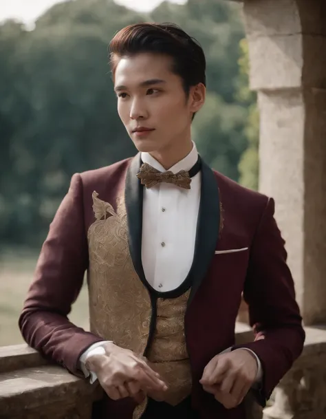 the man in the tuxedo leans against something in the window, in the style of asian-inspired motifs, dark maroon and light gold, troubadour style, medieval inspiration, photo taken with provia, genderless, elaborate beadwork